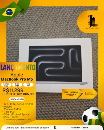 MACBOOK PRO M5, 512GB, 16GB RAM, TELA 14.2?, CHIP M5, LACRADO, LANÇAMENTO!!