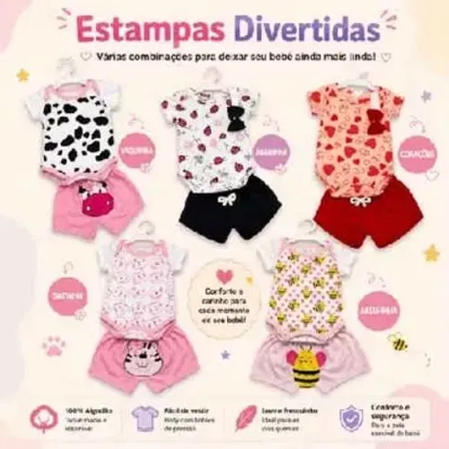 Kit 6 Peças Roupa De Bebê Body Menina Animado Estampado Algodão