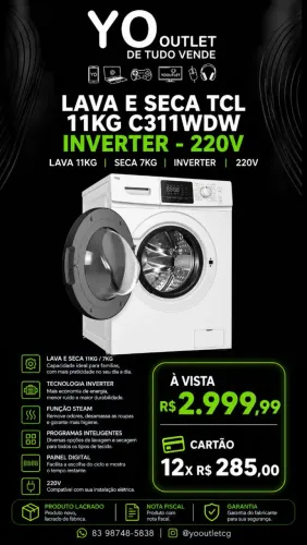 Lava e Seca TCL 11Kg / 7KG, motor Inverter com 10 anos de garantia