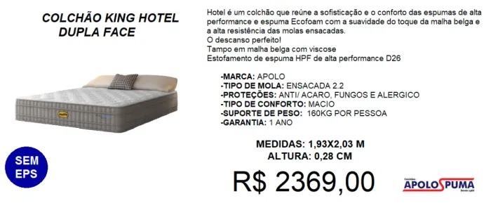 Colchão king molas apolo hotel dupla face - à pronta entrega