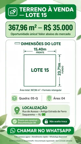 Terreno 367,96m² - Lote 15 Quadra 05-Q - Rua de Acesso - Saquarema - R$ 35.000