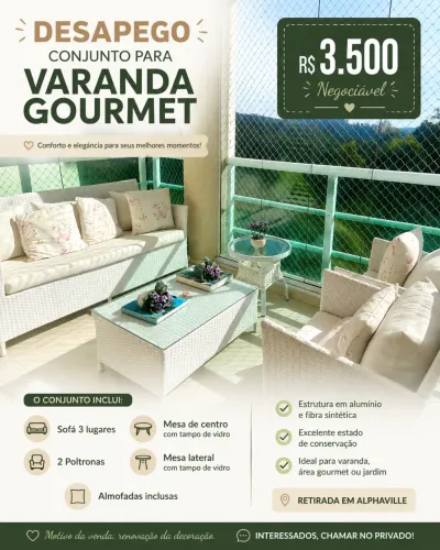 Conjunto de Sofa, Poltronas, Mesa de centro e Lateral para Jardim e Varanda