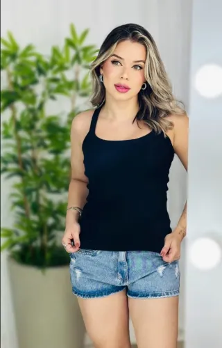 Blusa Regata Feminina, Canelada, Algodão, Básica - Novo