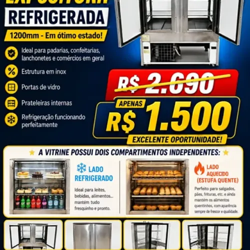 Vitrine Expositora Dupla: Refrigerada + Estufa Quente 1,20m | 220V | Ótimo Estado