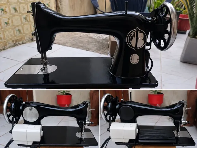 Máquina de Costura Antiga de Ferro com Motor Elétrico - Vintage<br>