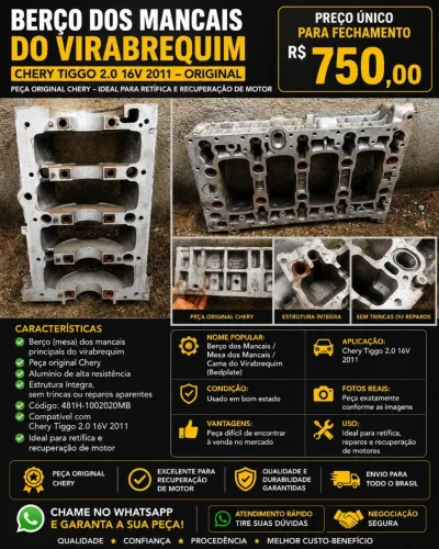 Berço dos mancais do virabrequim Cherry Tiggo 2.0 16vn2011
