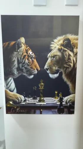 Quadro Leão Tigre Xadrez Jogo de Feras 64x48