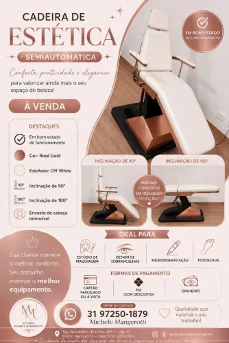 Cadeira de estética, semiautomática, couro na cor off White, acabamento em Rose Gold.
