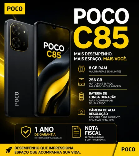 Celular Novo Poco C85 256GB, 8 ram, 1 ano de garantia + película e capinha 