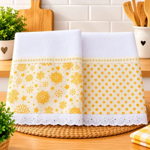Kit com 2 Panos de Prato Decorados | Passa-Fita e Bordado Inglês