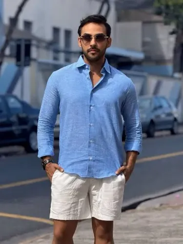 camisa de linho masculina azul piscina