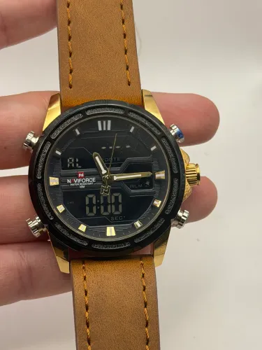 Relógio Naviforce Original Preto e Dourado Pulseira Couro Analógico Digital Novo