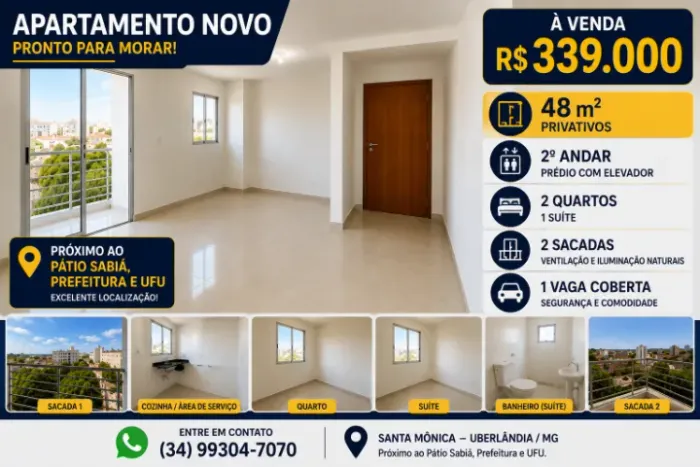 Apartamento Novo 2 Quartos c/ Suíte | 2 Sacadas | Próximo UFU | R$ 339 Mil