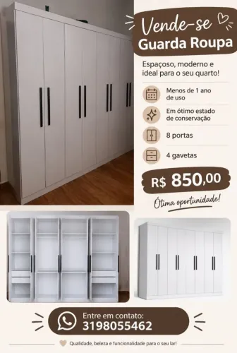 Guarda-Roupa Branco 8 Portas + 4 Gavetas | 7 Meses de Uso | R$ 850