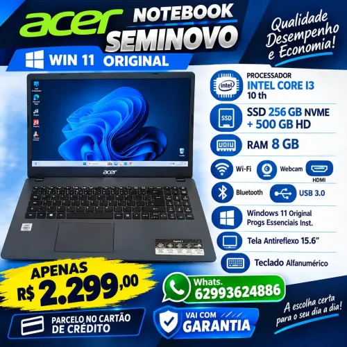 Notebook Acer I3 10 th 256 GB SSD + 500 GB HD Garantia Parcelo no cartão 