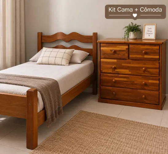 Kit cama+cômoda madeira 