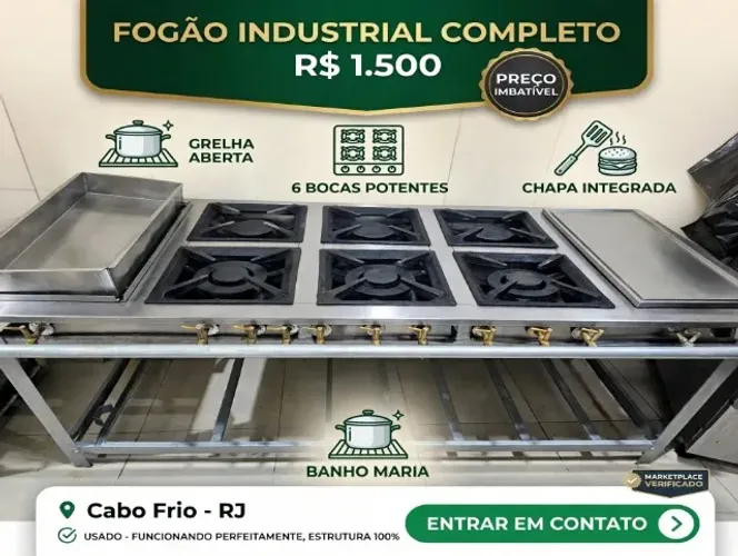 FOGÃO INDUSTRIAL METALMAQ 6 BOCAS COM CHAPA E BANHO MARIA