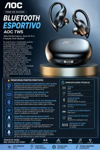 Fone De Ouvido AOC Gamer E Esportivo Bluetooth 6.0 Graves Premium