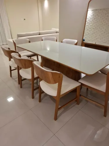 Mesa de Jantar 8 Lugares em Madeira Maciça + 8 Cadeiras Estofadas | Marfim