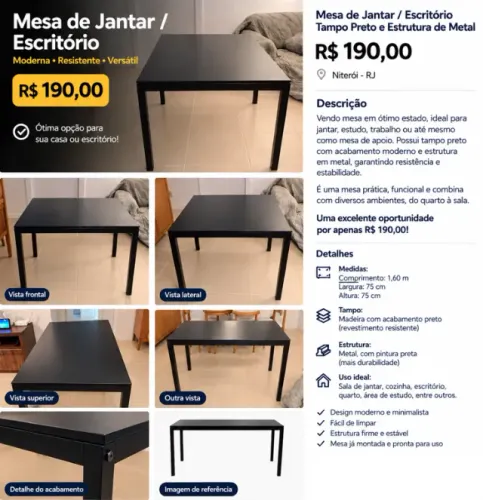 Mesa de Jantar / Escritório - Tampo Petro e Estrutura de Metal