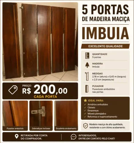 Portas de Madeira Imbuia - 5 Unidades - R$ 200 Cada