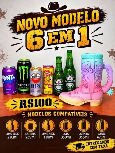 Novo Modelo 6 em 1 - Porta Copo Bota Country