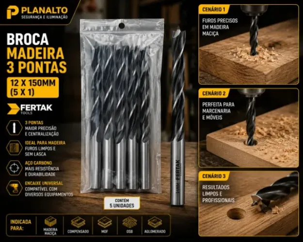 BROCA MADEIRA 3 PONTAS 12X150MM (5X1) (NOVO)
