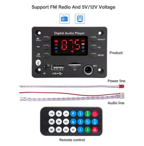Placa Decodificadora Áudio 12v Mp3,Bluetooth 5.0,Tf Card,Usb,Microfone,Fm