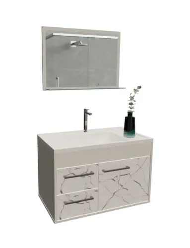 Gabinete Banheiro Procion c/ Pia e Espelho Branco/Marmorizado Branco Até 12x S/ Juros 