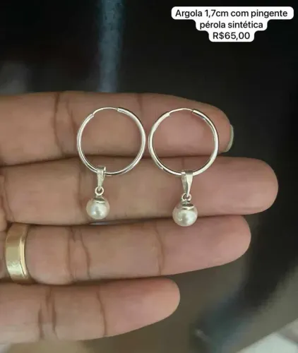 Brinco argola de prata 925 legítima com pingente pérola sintética 