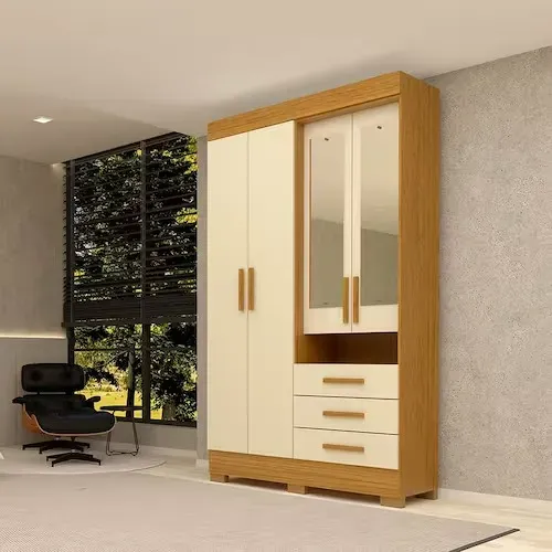 Roupeiro Solteiro Débora 4 Portas 3 Gavetas com Espelho Nature com Off White - Em Oferta