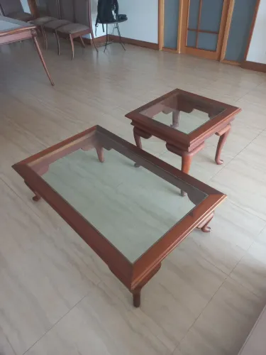 Kit Mesa de Centro e Canto Madeira Imbuia e Vidro Bisotados Alto Padrão