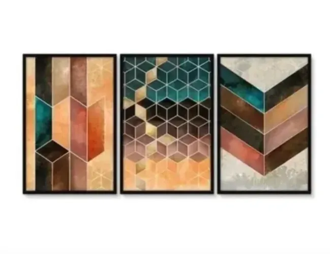 Jogo De Quadros Decorativos Sala Geométrico Cubos Chevron