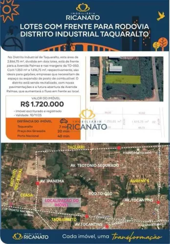 LOTES COM FRENTE PARA RODOVIA DISTRITO INDUSTRIAL TAQUARALTO EM PALMAS-TO