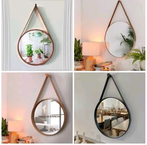 Espelho Decorativo Redondo com Alça de Couro 50 cm.