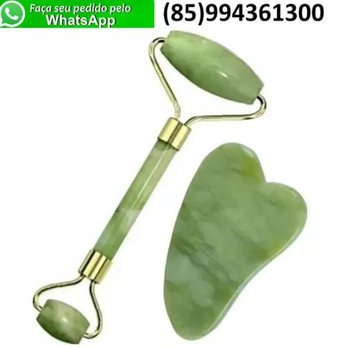 Rolinho Massageador Facial De Pedra De Jade Verde + Gua Sha Energética