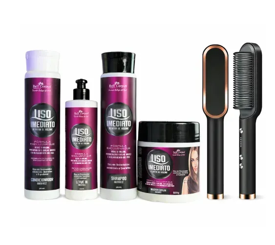 Kit Liso Imediato Redutor de Volume + Escova Pente Alisadora Profissional