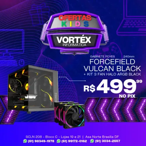 Gabinete Gamer PCYes Forcefield Vulcan Black + Water Cooler 240mm e Kit 3 Fans Halo ARGB