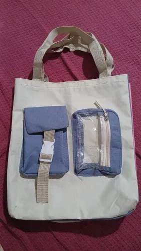 Bolsa Tote Bag Azul e Creme - Estilo Coreano com Bolsos Utilitários