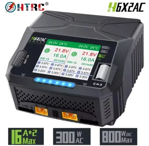 Carregador Duplo HTRC de 800w P/ Bateria Lipo, Lion, Life, Nimh, Nice e Pb<br>