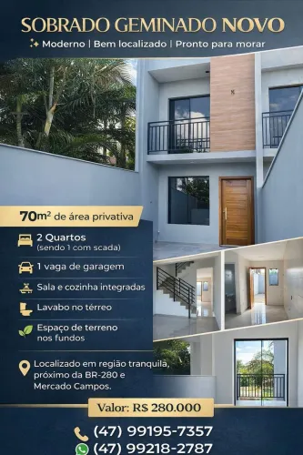 Sobrado geminado com 70m², possui 2 quartos e 1 vaga.