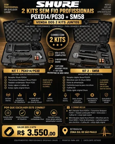 Kit duplo Shure! 2 microfones sem fio - Headset & Bastão 