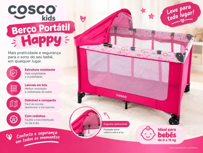 Berço Portátil Cosco Kids, 0 a 15kg, Rosa