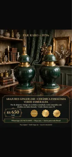 PAR RARO DE ABAJURES GINGER JAR VERDE ESMERALDA - ANOS 70 - R$ 650