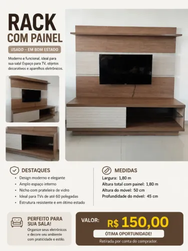 Rack com Painel 1,80m para TV até 60" - Ótimo Estado - R$150
