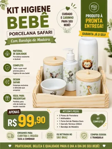 Kit Higiene Bebê Porcelana Safari com Bandeja - 5 Peças
