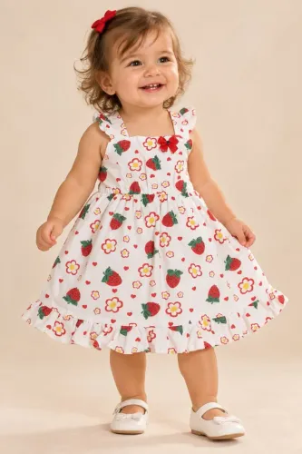 Vestido Infantil Menina 1 Ano ? Branco com Moranguinhos e Flores | 100% Algodão | Usado