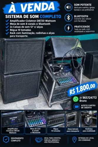 Mesa de som , amplificador, rack, gabinetes, régua 10 tomadas, cabos
