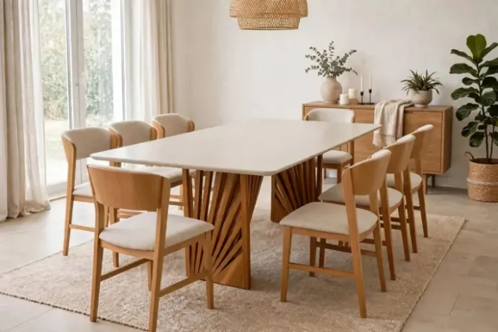 Conjunto de mesa 2,20x1,00 c/ 8 cadeiras Manu linho