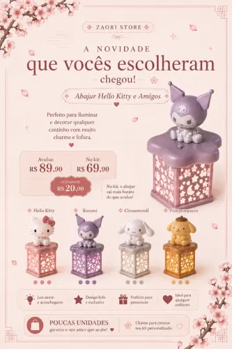 Abajur Sanrio Hello Kitty Kuromi Cinnamoroll Pompompurin
